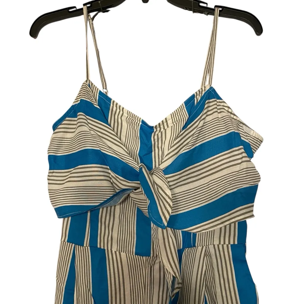 True Destiny Jumpsuit Women L Wide Leg Romper Twist Top White Turquoise Pockets - Image 3