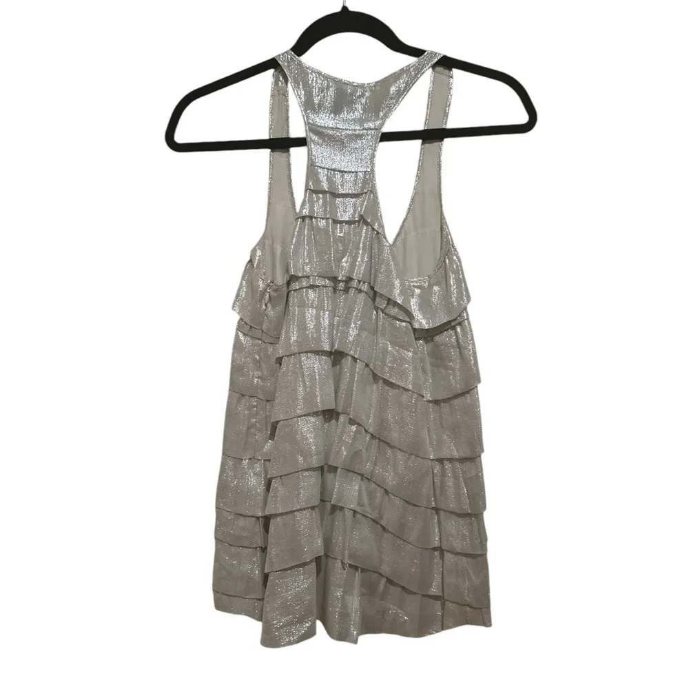 Madison Marcus Silver Metallic Shimmer Silk Tiered Ruffled Racerback Tank Top XS - Image 4