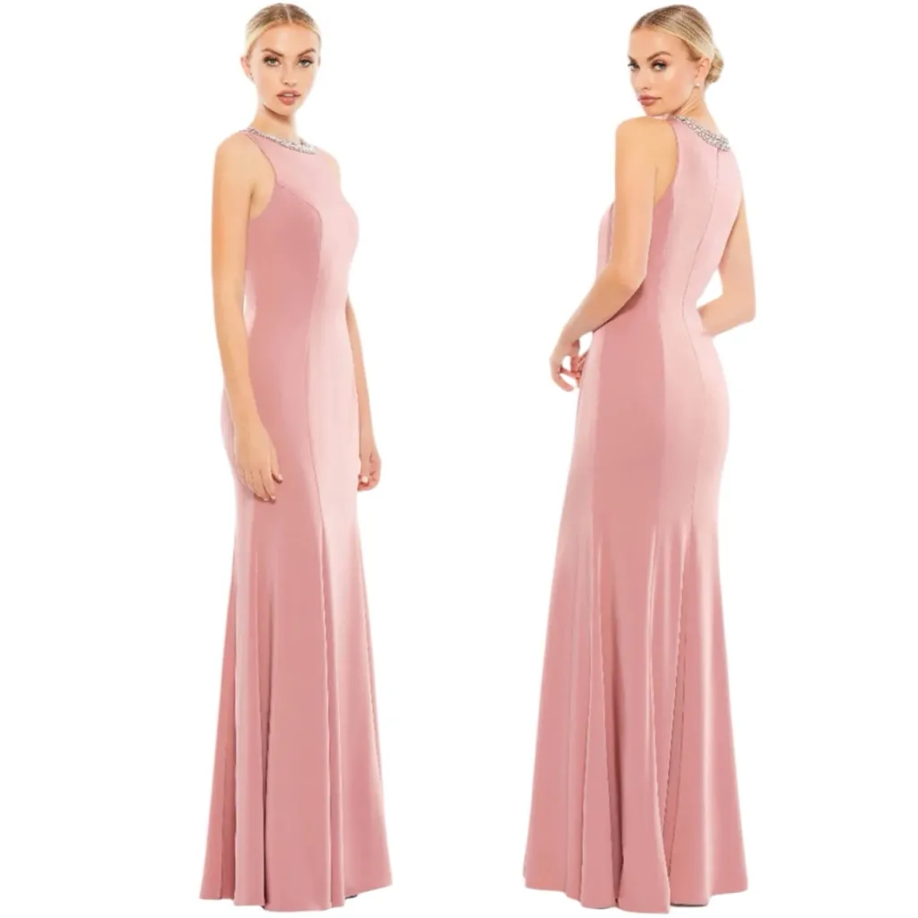 NWT Ieena for Mac Duggal Rose Pink Embellished Neck Trumpet Gown Size 10 #49093 - Image 2