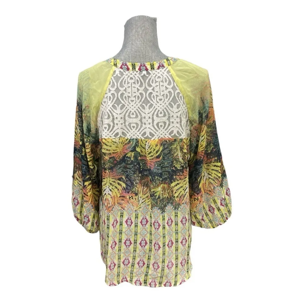 Figueroa Flower Womens
Boho Peasant Top Tie
Neck Sheer 3/4 Sleeve size L Yellow Size L - Image 6