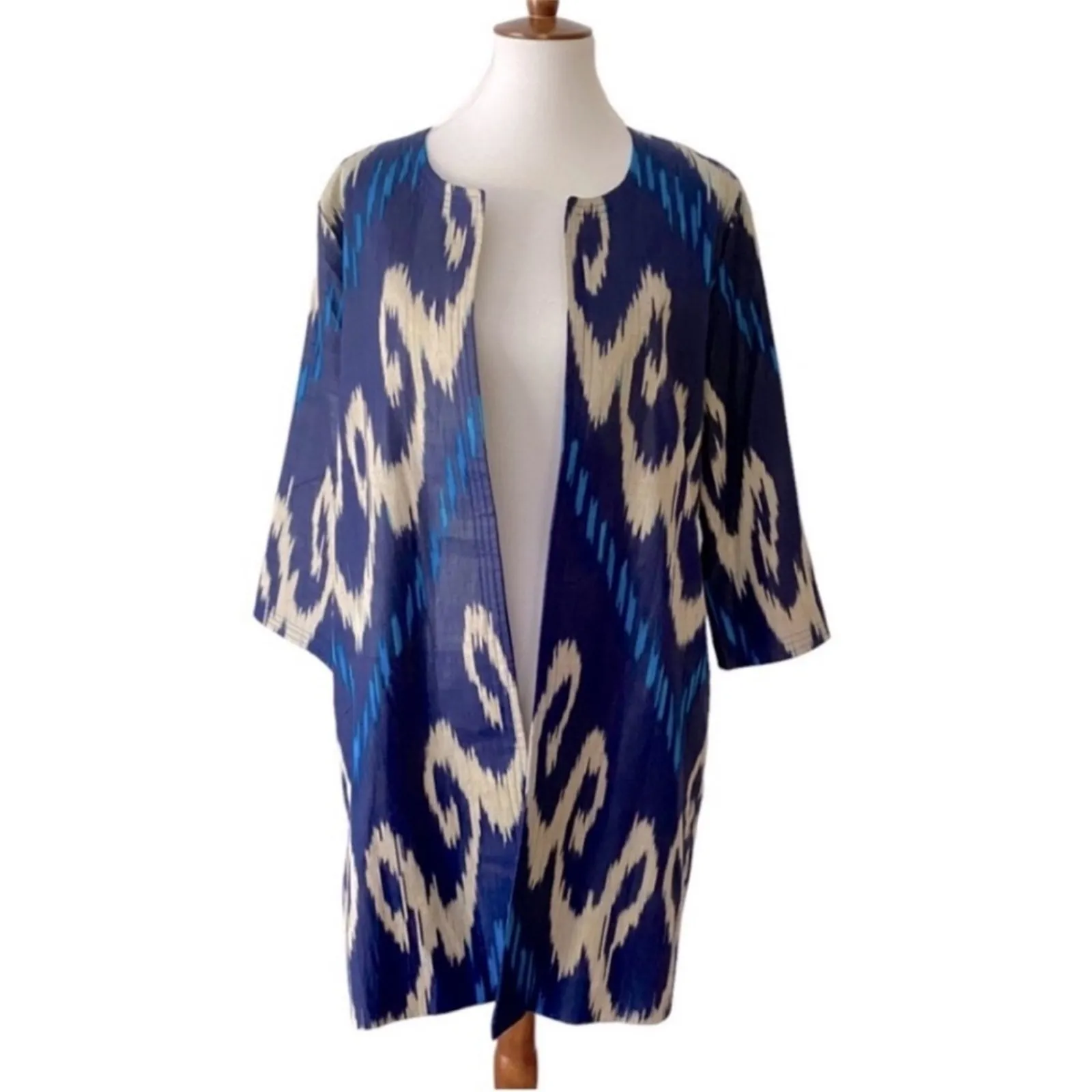 Womens Jacket Large Shacket OS Duster Boho Kimono Bohemian Ikat RARE Art to wear Blue - Image 6