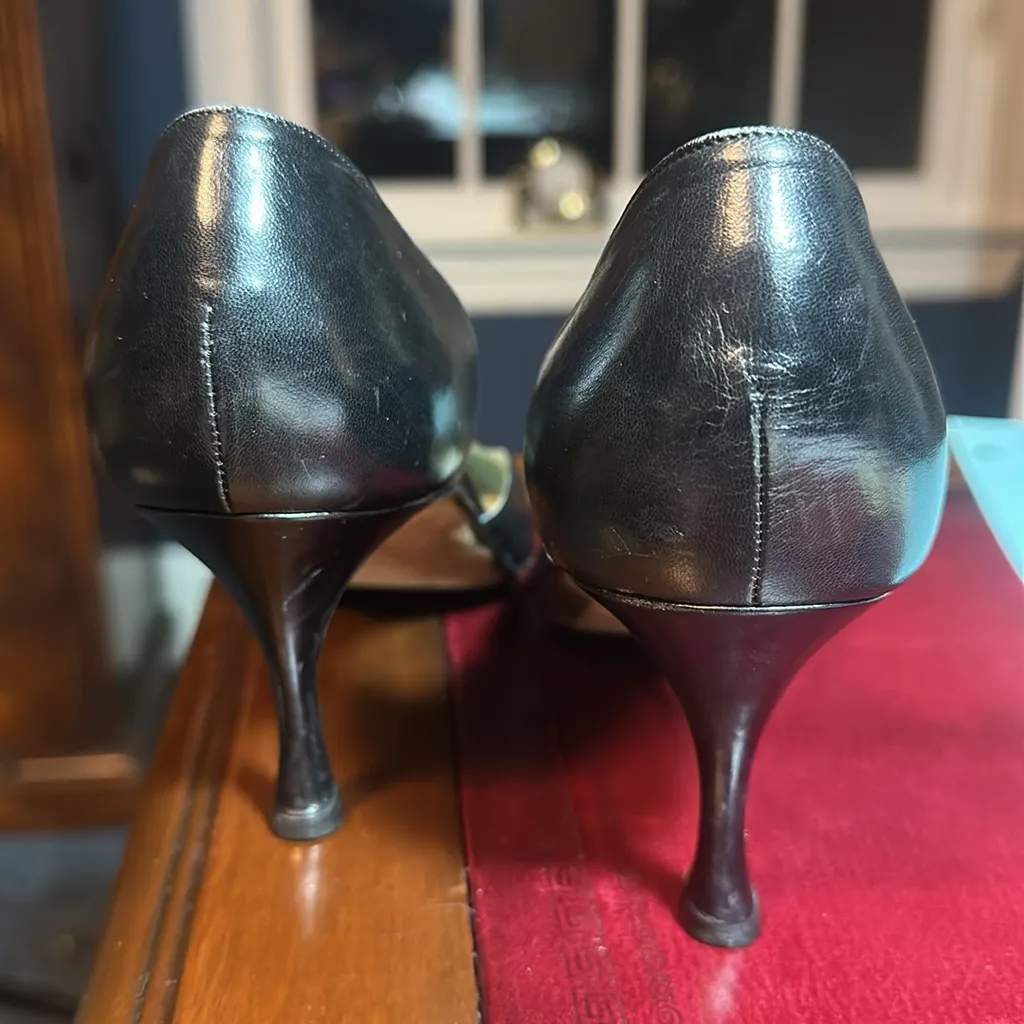 Manolo Blahnik black leather D’Orsay high heel pumps size 39.5 linen inset 9euc - Image 7