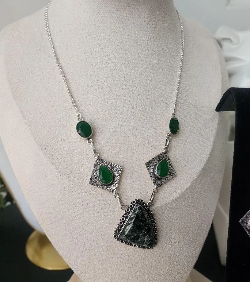 Boho 925 Silver Plated Necklace Earrings Set Seraphinite Pendant Emerald Green - Image 7