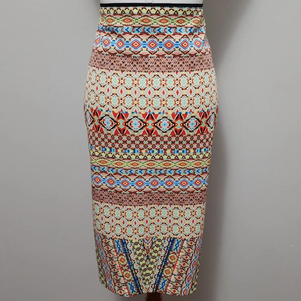 Bisou Bisou Orange Multicolored Aztec Side Slit Scuba Pencil Skirt Size XL - Image 6