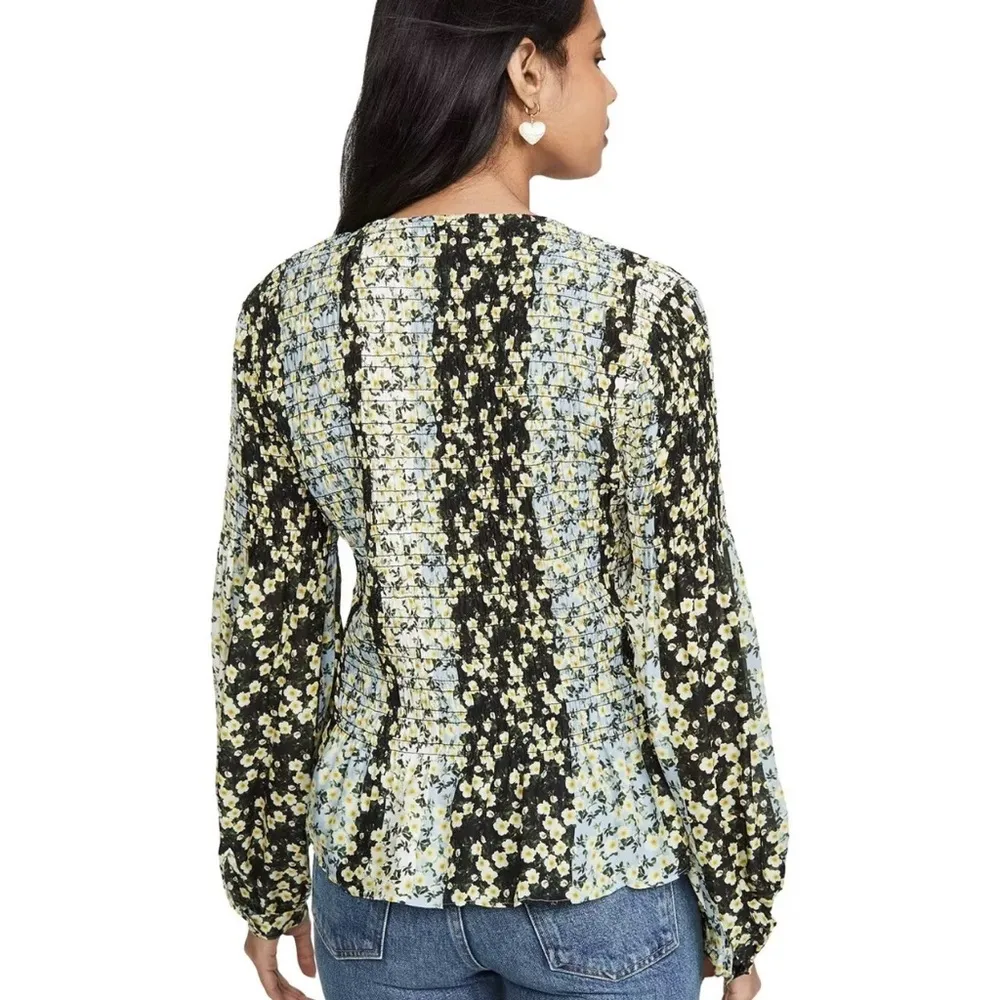 Parker NWT Dara Silk Blend XS Smocked Blouse Blue Gold Blossom Stripe Long Sleev - Image 3