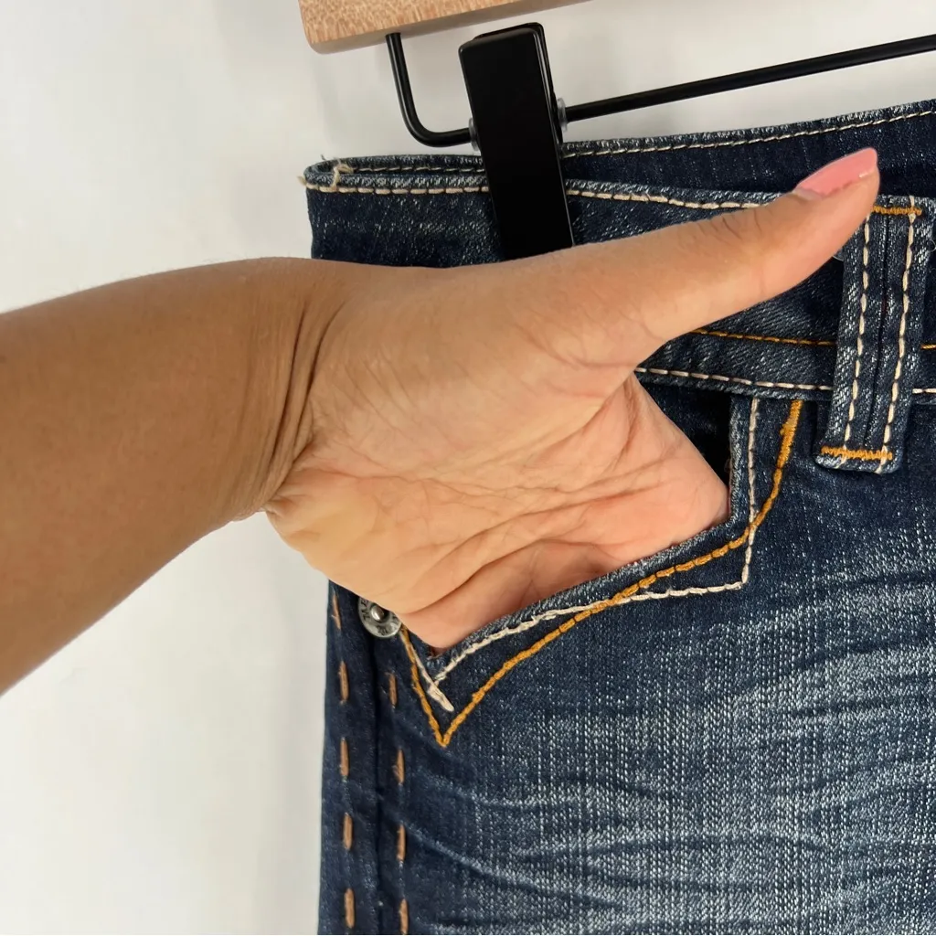 MEK‎ Jodhpur Bermuda Size 27 Stretch Dark Wash Denim Whiskered Faded Shorts Blue - Image 4