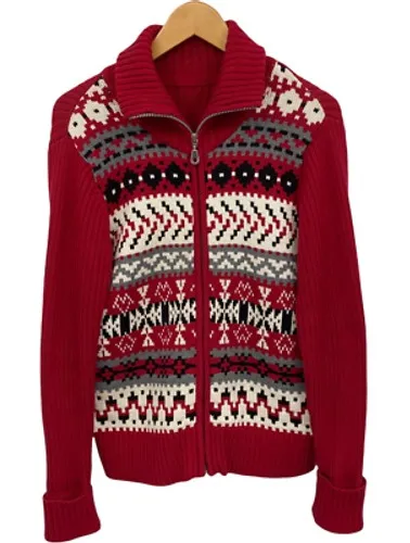 Covington Zip Front Cardigan Sweater Womens Small Red Ribbed Nordic Aztec Knit - Image 1