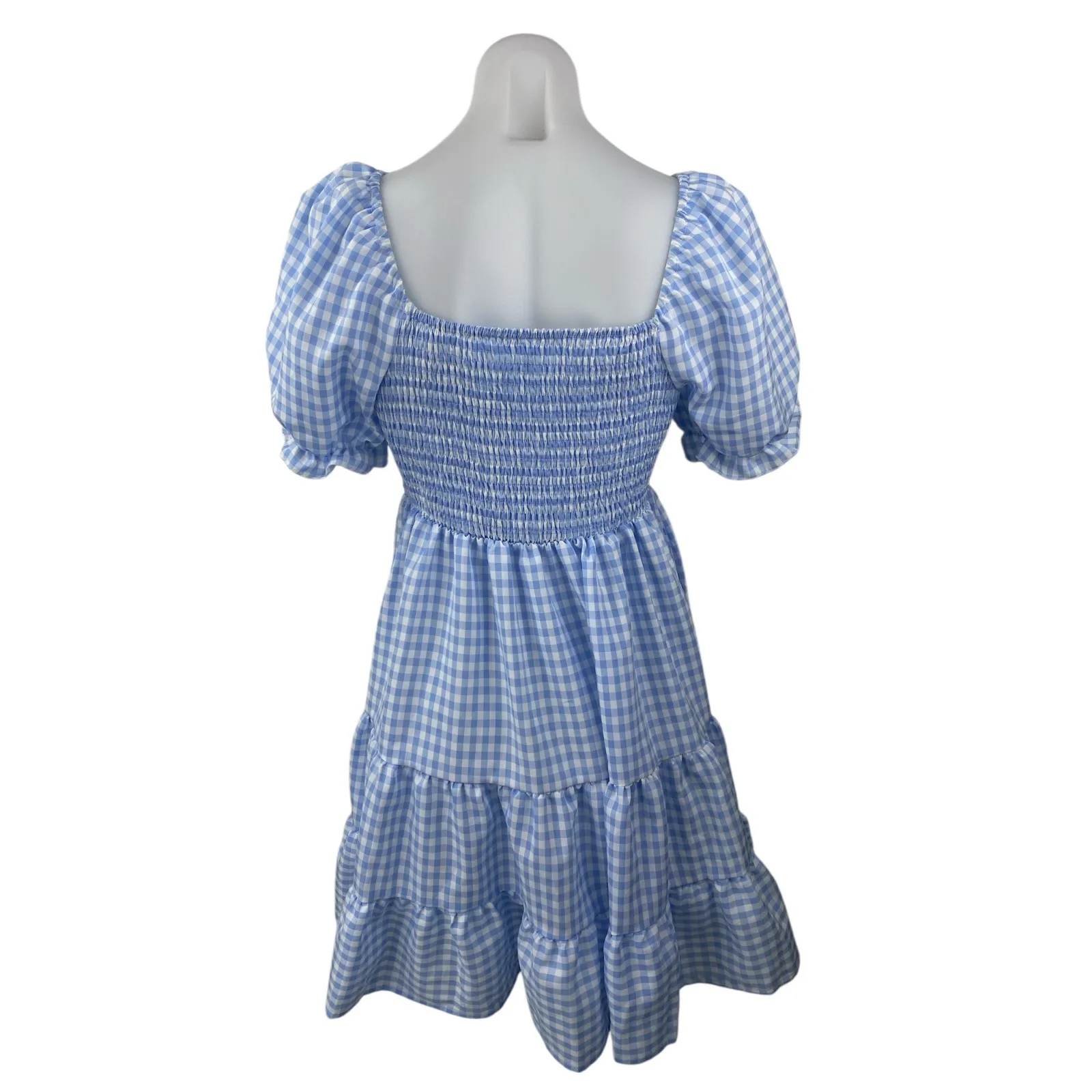 Dokuritu Blue Checkered Short Puff Sleeve Tiered Smocked Mini A - Image 2