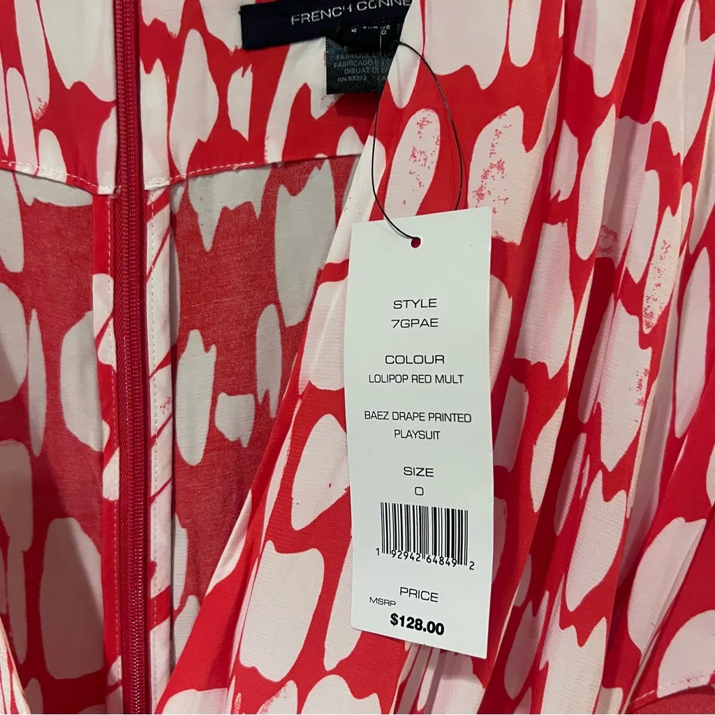 French Connection Baez Drape Printed Playsuit‎ Romper Lollipop Red Multi Size 0 - Image 13