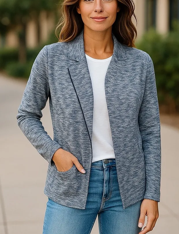 G.H. Bass & Co Grey Long Sleeve Heathered Knit Open Front Moto Cardigan Small Blue - Image 2