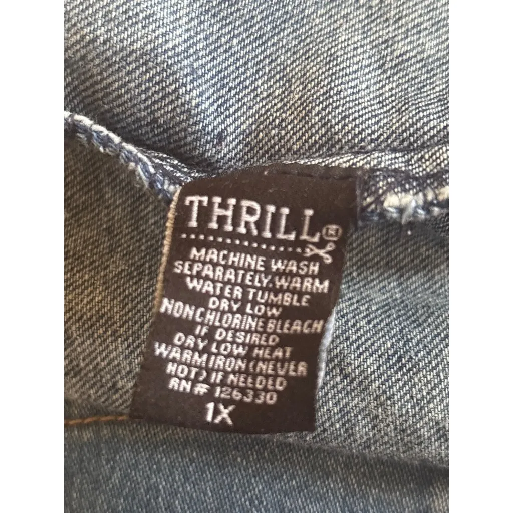 Womens Thrill Jeans Denim Distressed Jacket Sz 2X Ripped 2 front Pockets Fringe Blue - Image 8