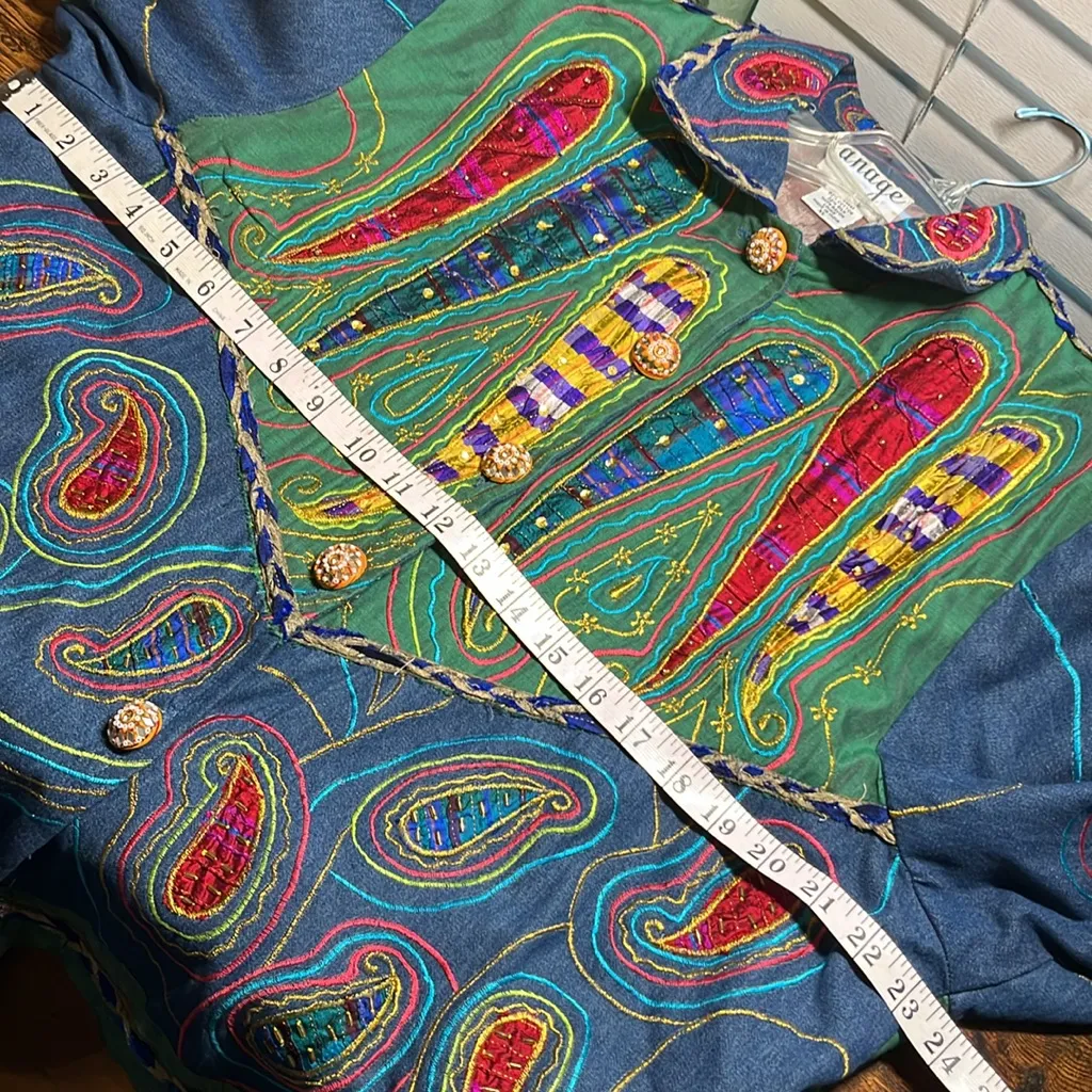 Vintage Jean Jacket Wearable Art Embroidered Denim & Silk Jacket Abstract Art Size XL - Image 10