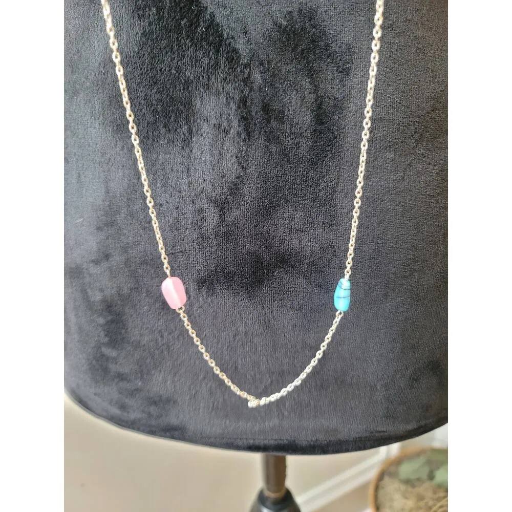 Women's Long Beaded Necklace with Spring Ring Clasp Colorful Stone Chain Gold - Image 3