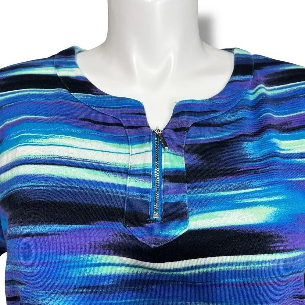 Rafaella Womens T Shirt Top Round Neck Pullover Short Sleeve Stripes Blue Purple - Image 2