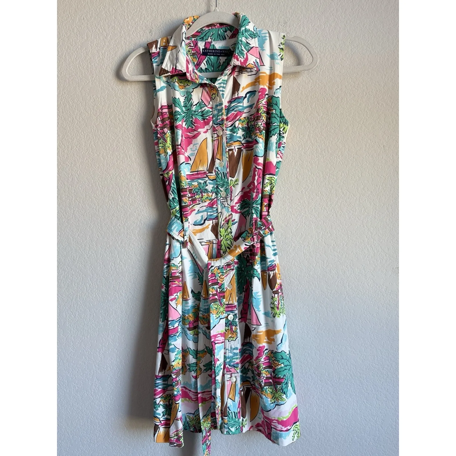 Katherine Way Tropical Button Down Belted Stretch Shirt Dress Women's Size Small - Image 2