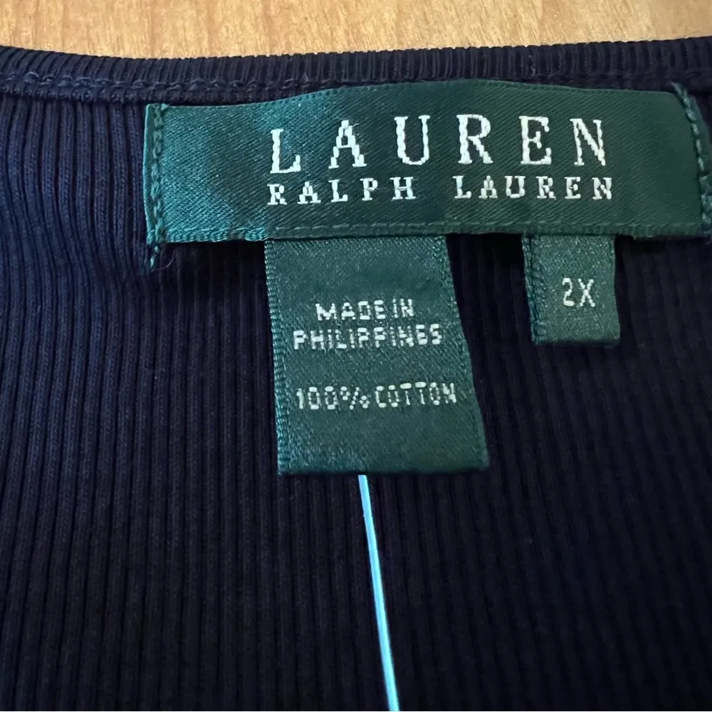 Lauren Ralph Lauren Shirt Vintage Navy V-Neck With Lace Top Ribbed Knit NWT 2X - Image 6