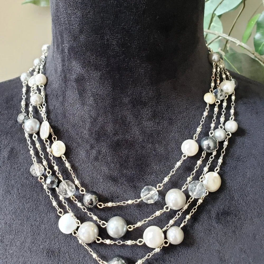 Women 4 Strand Silver Tone Silver Balls Faceted Smokey Bead Cable Chain Necklace - Image 2