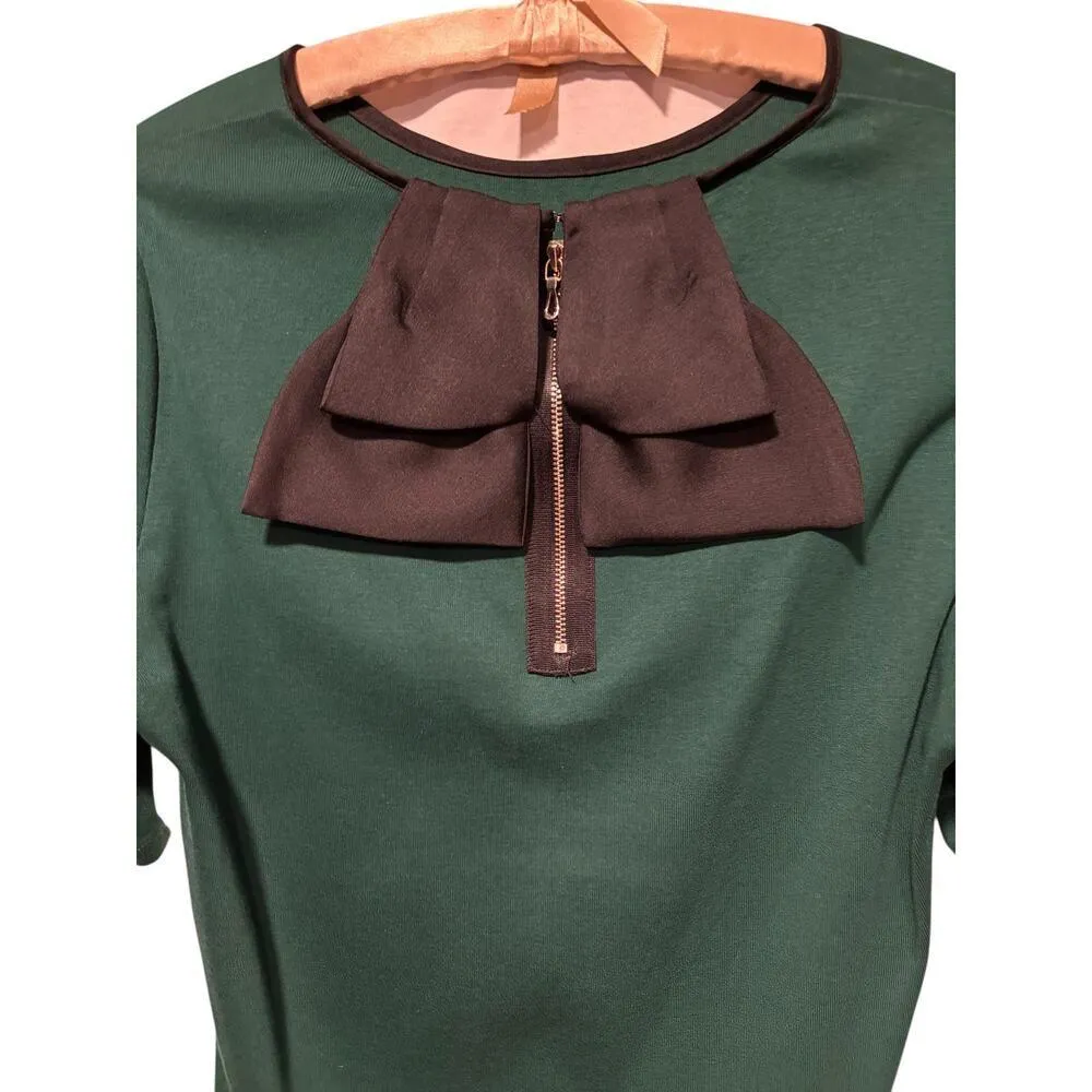 Ann Taylor Hunter Green Top with Black Back Bow Zipper Stretch Sz L - Image 3