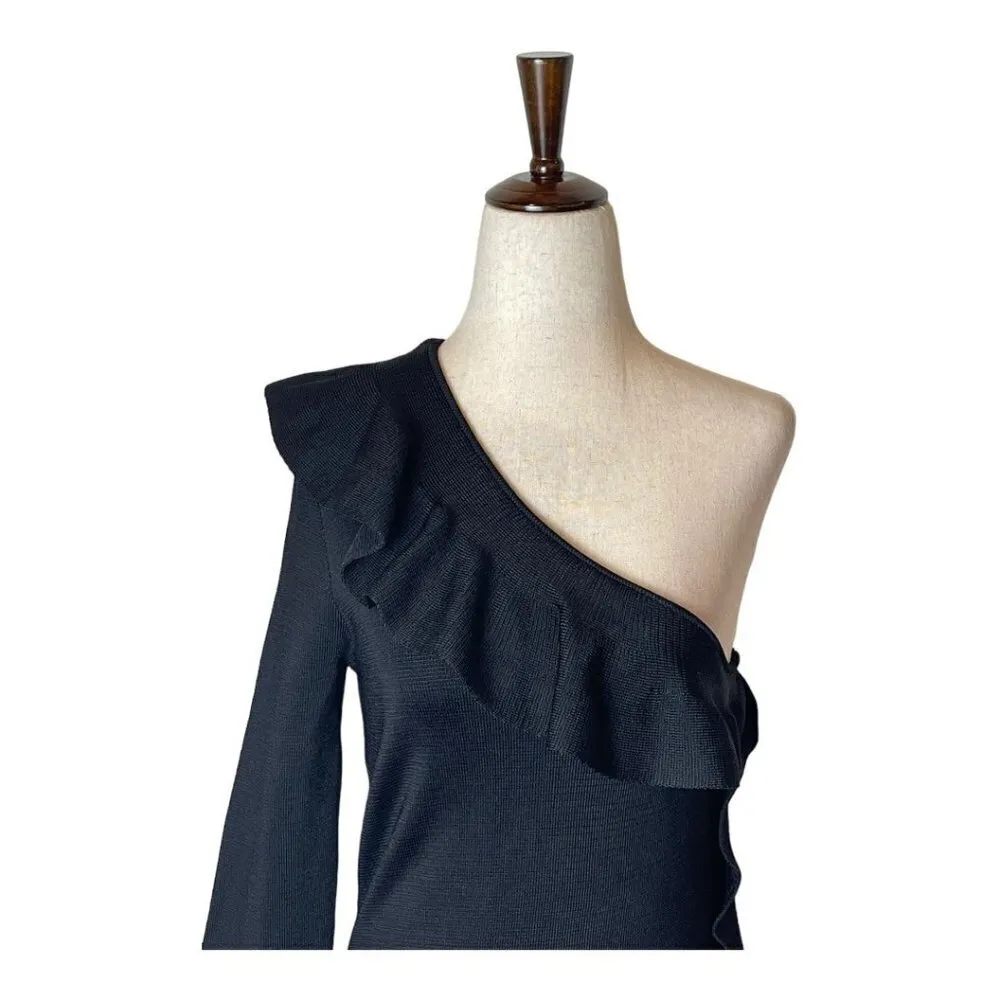 Ronny Kobo Torn Black One Shoulder Knit Ruffle Mini‎ Franca Dress Size L - Image 5