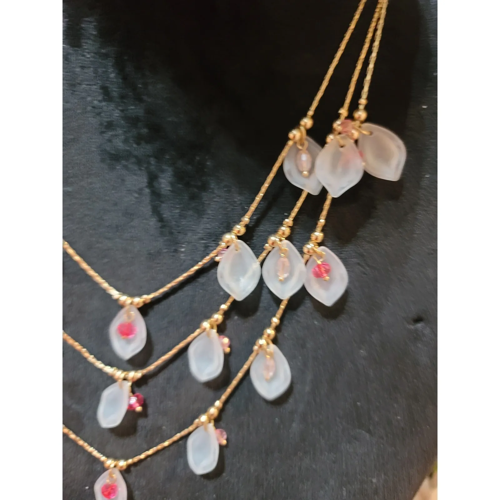 Women's Layered Gold Chain Necklace With Frosted Petal Charms And Pink Beads - Image 4
