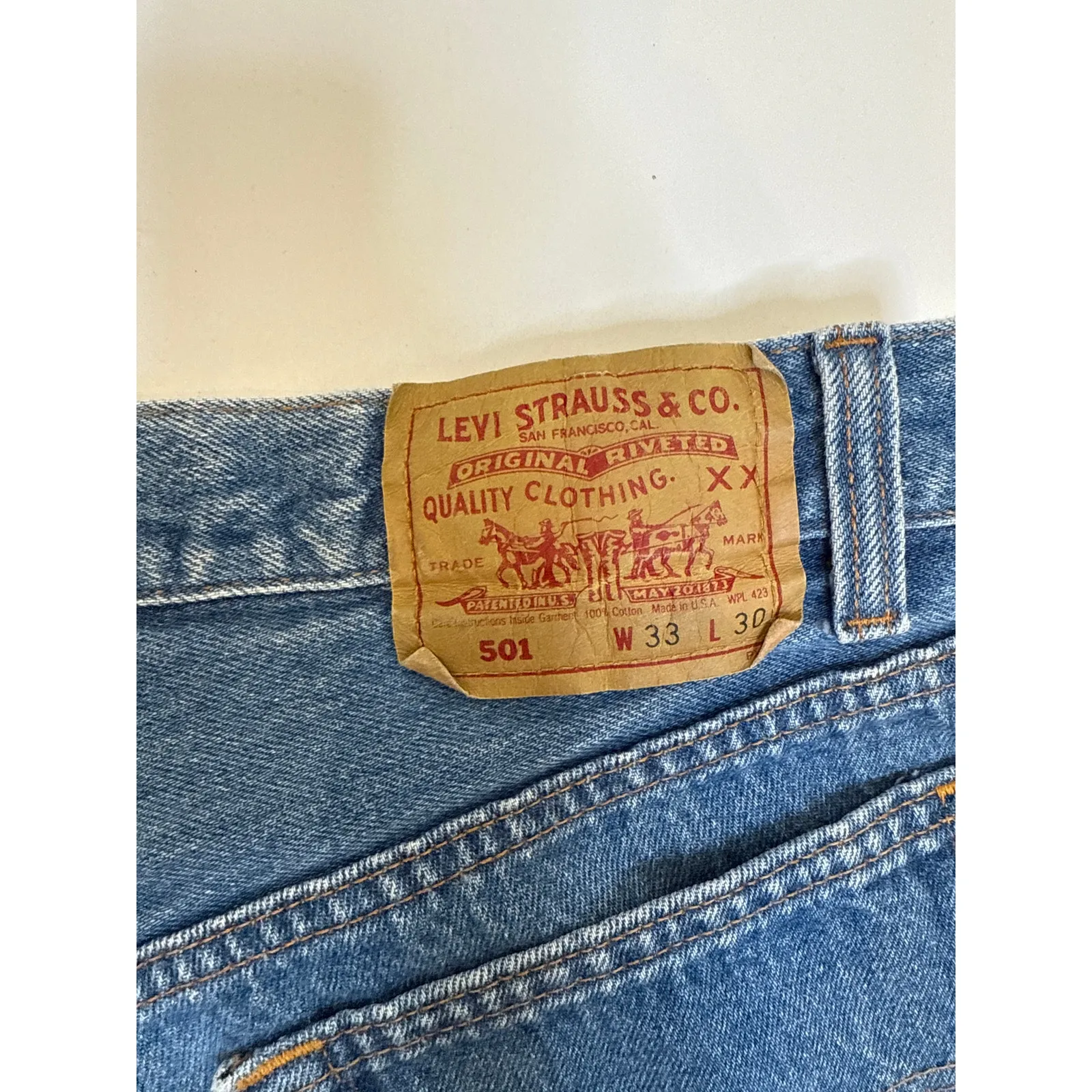 Levi’s 501 Button Fly Raw Hem Blue Jean Shorts Sz 33 Cotton USA Casual Classic - Image 5