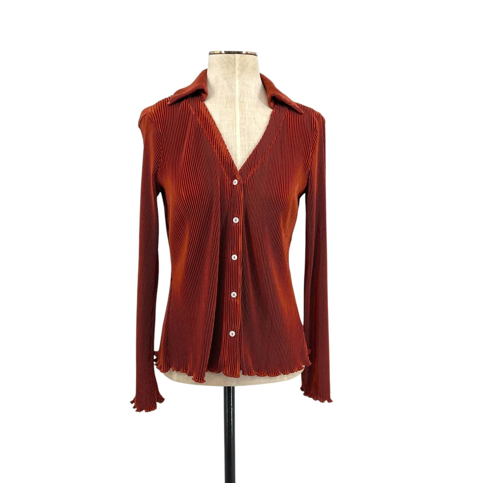 Anthropologie Dolan Lettuce-Hem Buttondown Top Pleated Flare Sleeve‎ Rust XS - Image 3