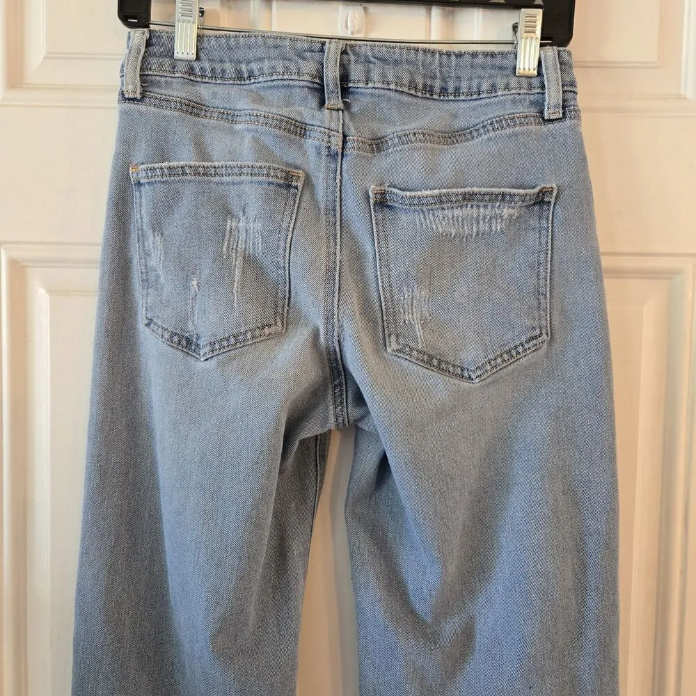 Rue 21 Wide Leg Mid Rise Jeans Womens 6 Baggy Denim Stretch Skater Distressed Blue - Image 3