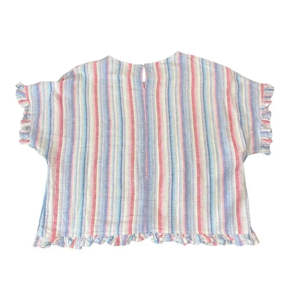 For Cynthia‎ Petite Womens PL Large Linen Top Cropped Striped Ruffle Multi-Color - Image 4