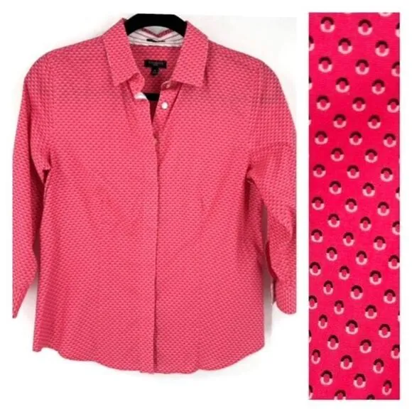 Talbots Wrinkle Resistant Top Blouse Button Down Pink Geometric Size 4 pet small - Image 2