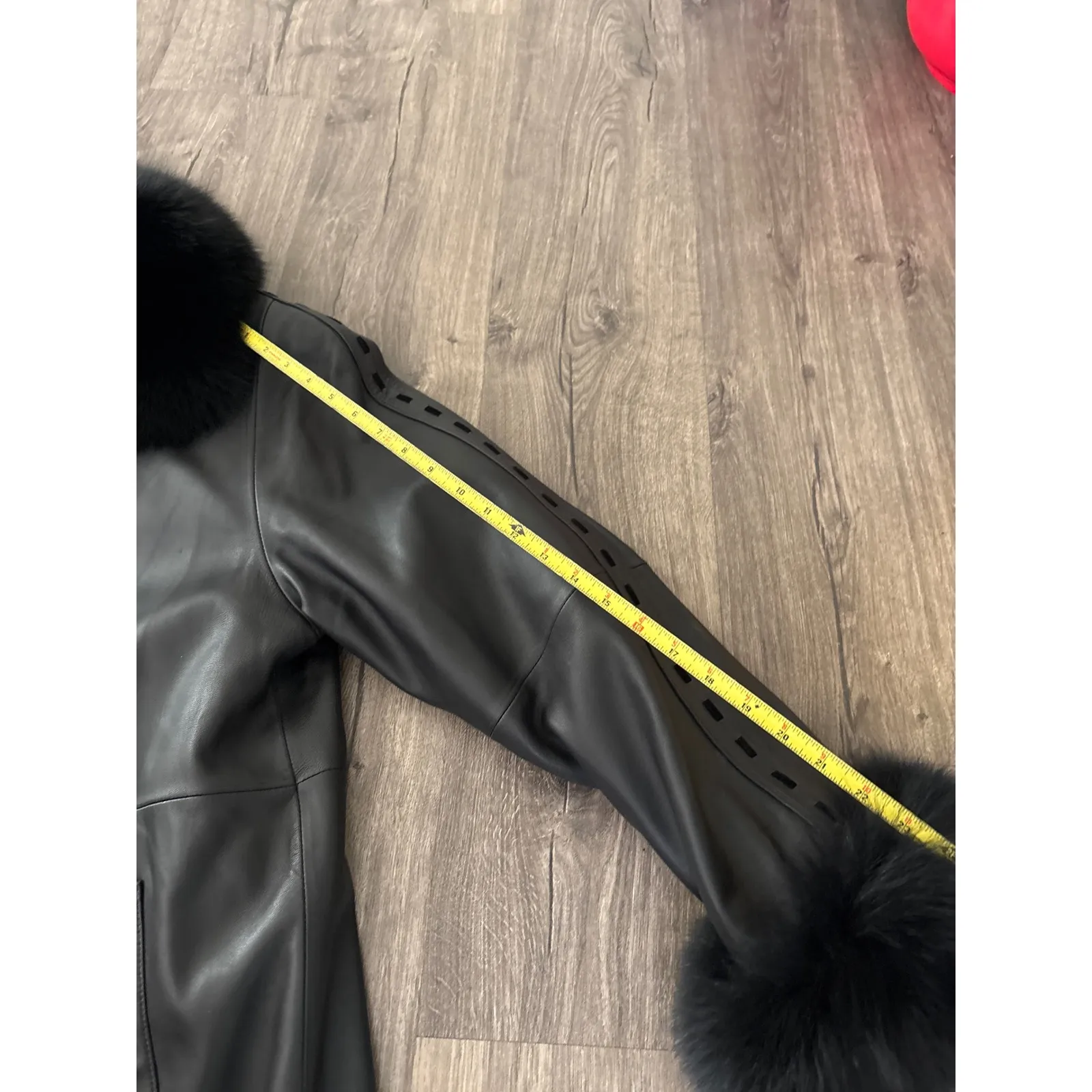 Vintage High End Black Leather Long Coat Real Fox Collar & Wrist Women Med - Image 9