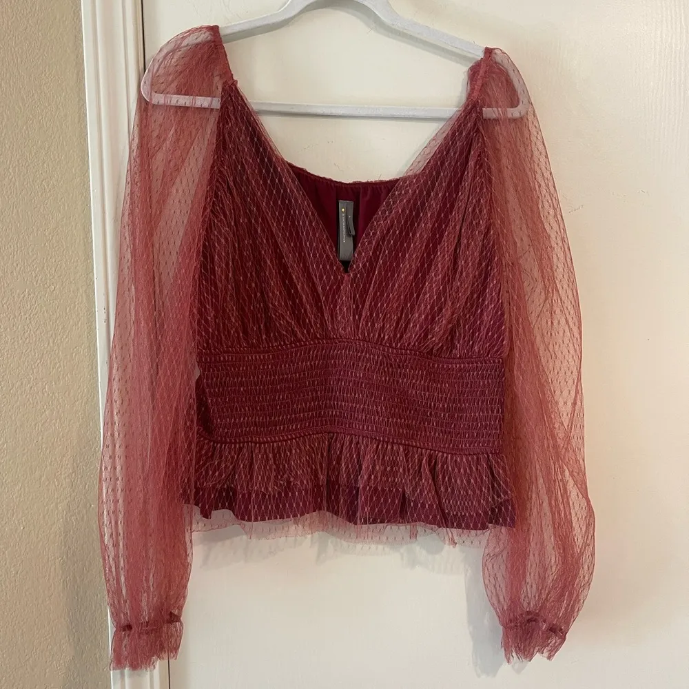 NWOT Anthropologie Tulle Blouse Wine Balloon Sleeve Tulle Lace Women's Size L - Image 4