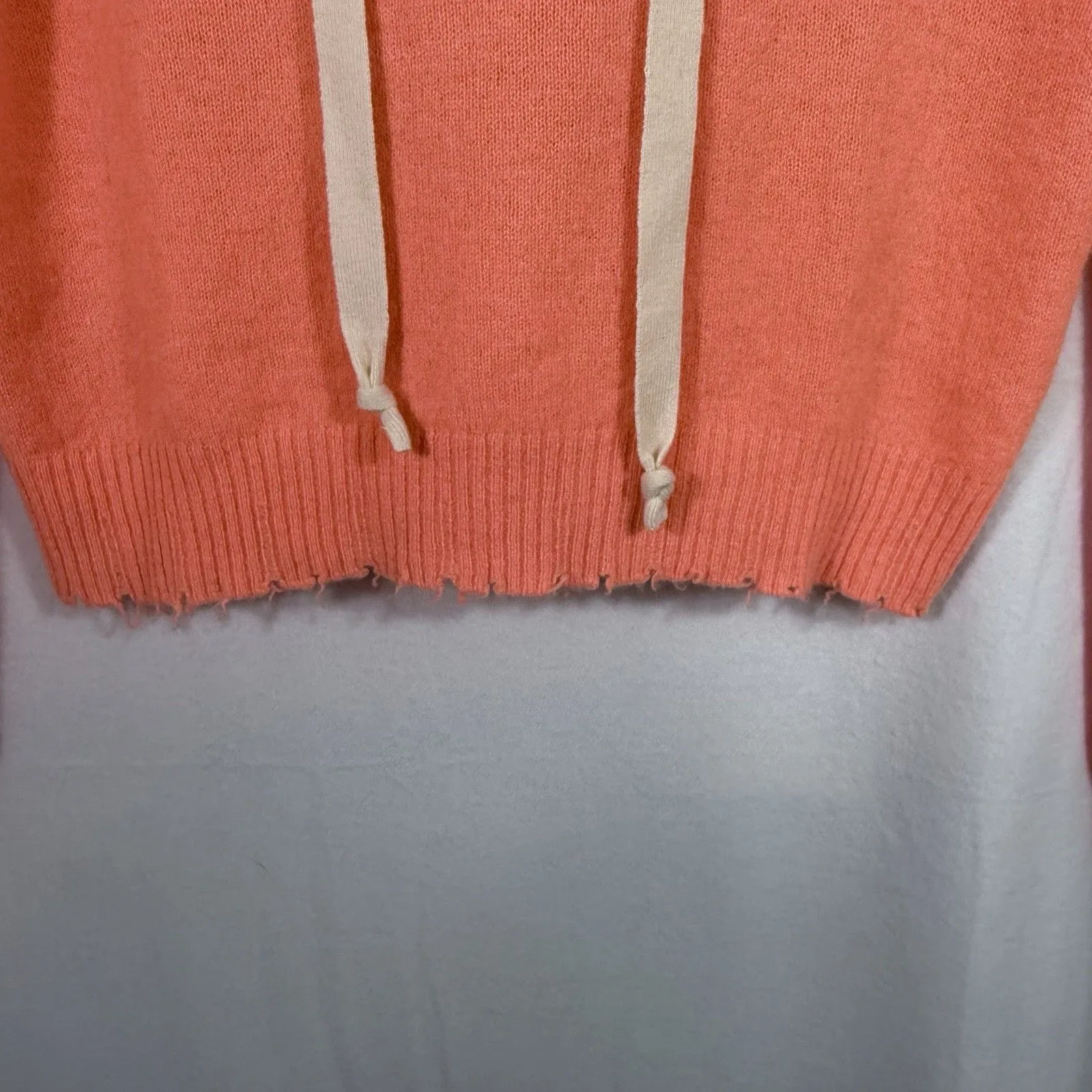 Minnie Rose Coral Orange Hooded Cropped Chewed Hem Cashmere Sweater Size S Cozy - Image 6