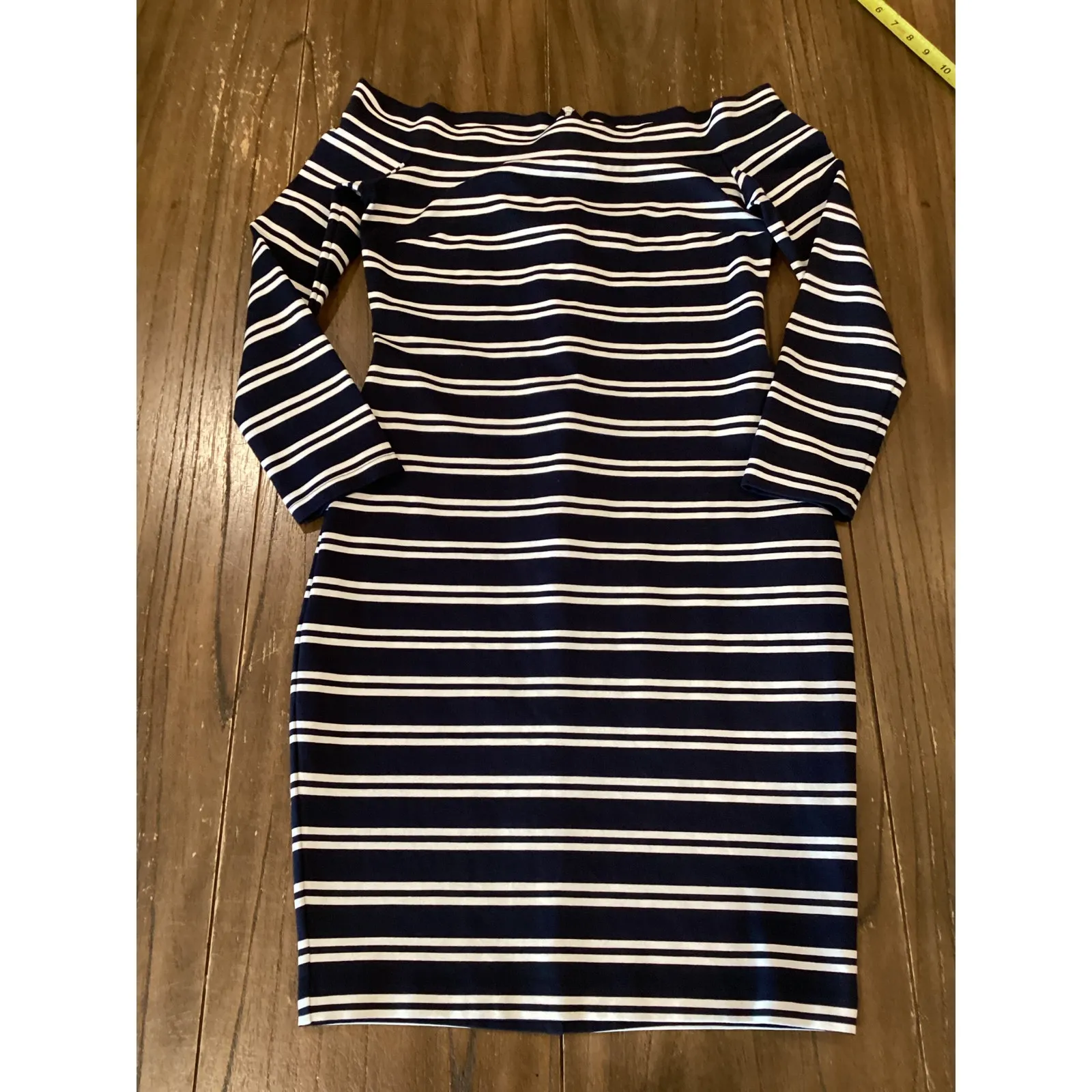 Bec & Bridge Ahoy Long Sleeve Off the Shoulder Midi Dress in Ink Stripe Size 8 - Image 9