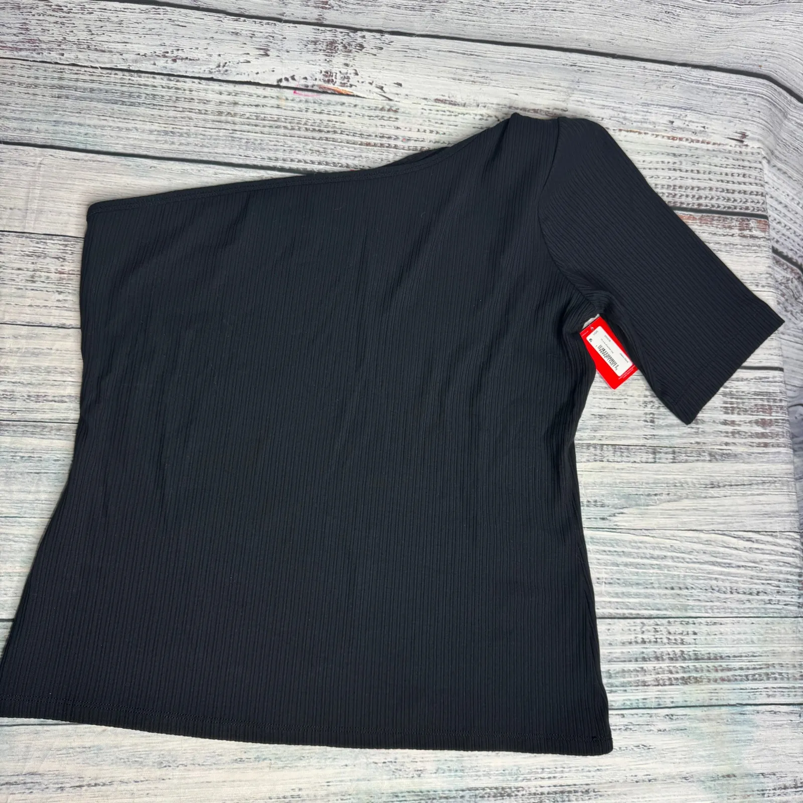 Spanx Rib One Shoulder Top Lg Black Short Sleeve Stretch NWT - Image 4