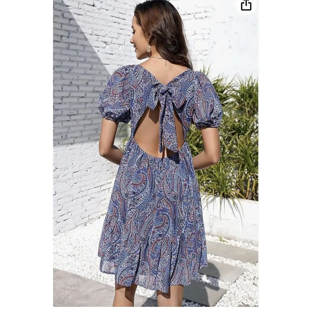 Kojooin Puff Sleeve Tie Back Ruffled Dress Navy Paisley Women’s XL NWT Blue - Image 2