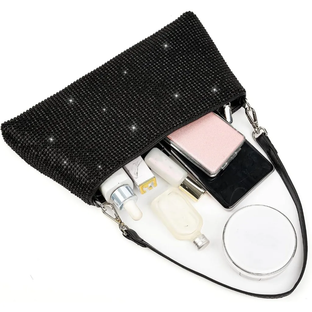 ⚡ Women's Beautiful Rhinestone Black Sparkly Handle Chain Evening Clutch Bag - Image 2