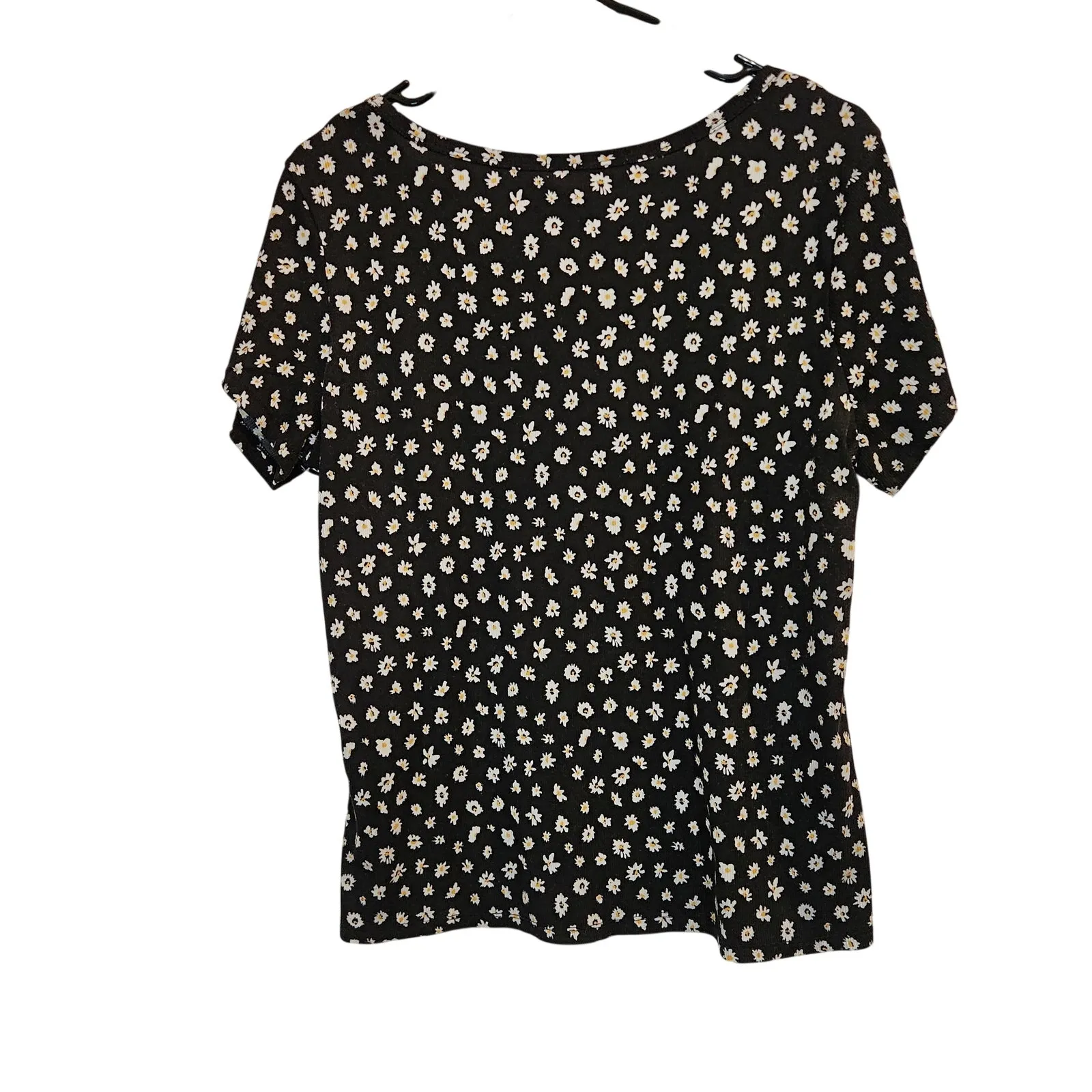 No Comment Black White Daisy Floral Knit Short Sleeve Crewneck Henley T-Shirt 1X - Image 2