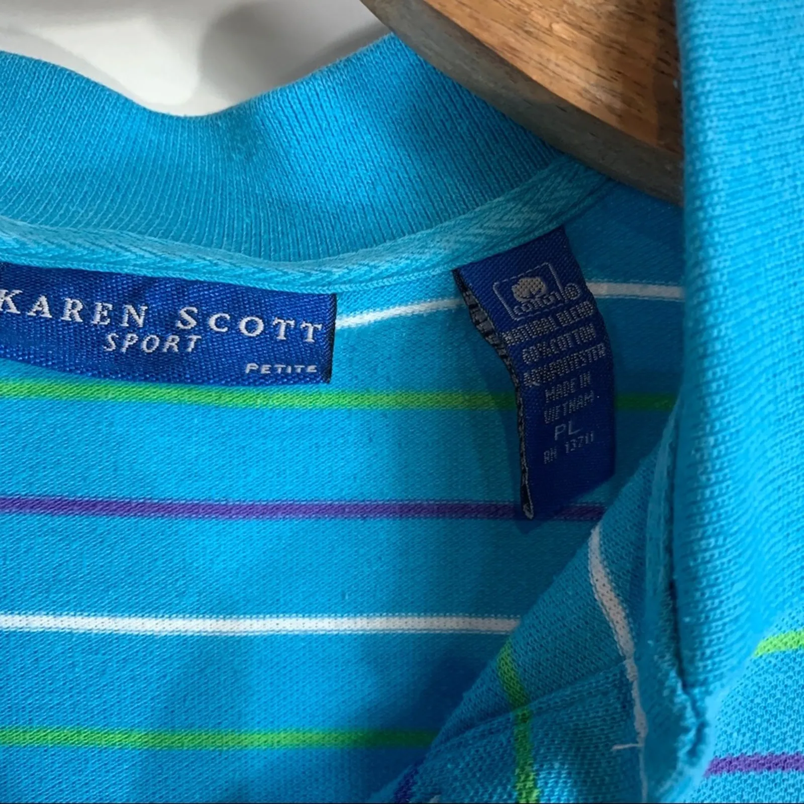 90s Turquoise Stripe Crop Polo Shirt Large Blue Size M - Image 8