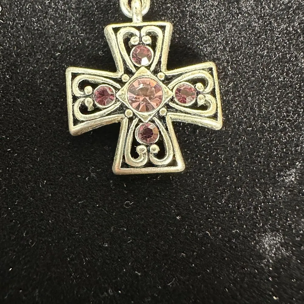 Premier Designs Silver Tone Purple Pink Rhinestone Cross Necklace Pendant - Image 2