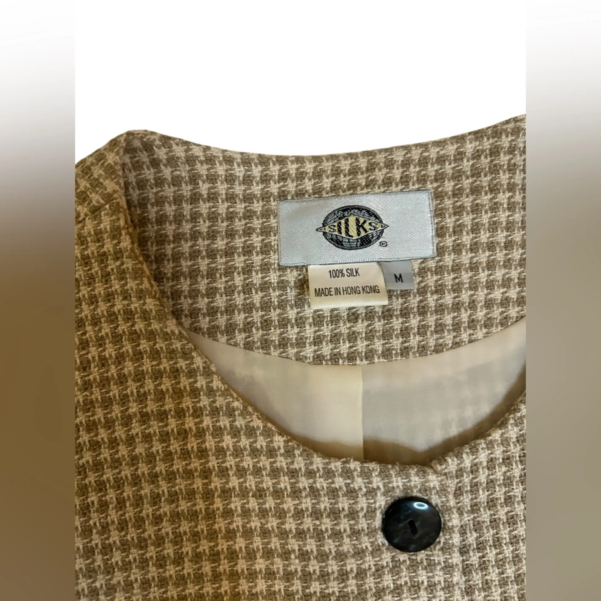 Vintage 90s Silks 100% Silk Houndstooth Blazer Skirt Suit Set Brown Beige Medium - Image 9