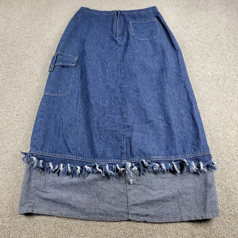 Vintage Sandra Fashion Denim Skirt 42 US 12 Blue Jean Fringe Western Rodeo Maxi Size L - Image 3