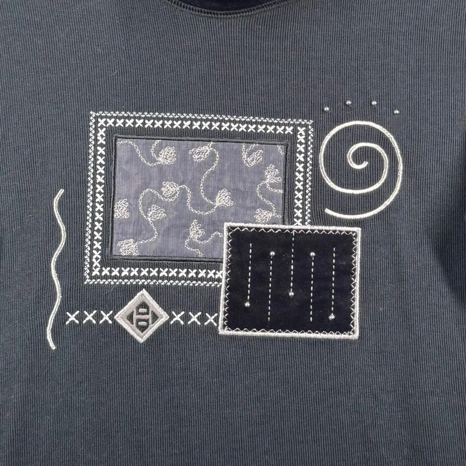 Bobbie Brooks Outfit S Vintage 90s Mock Neck Velour Patchwork Top Pants Set Goth Gray - Image 5