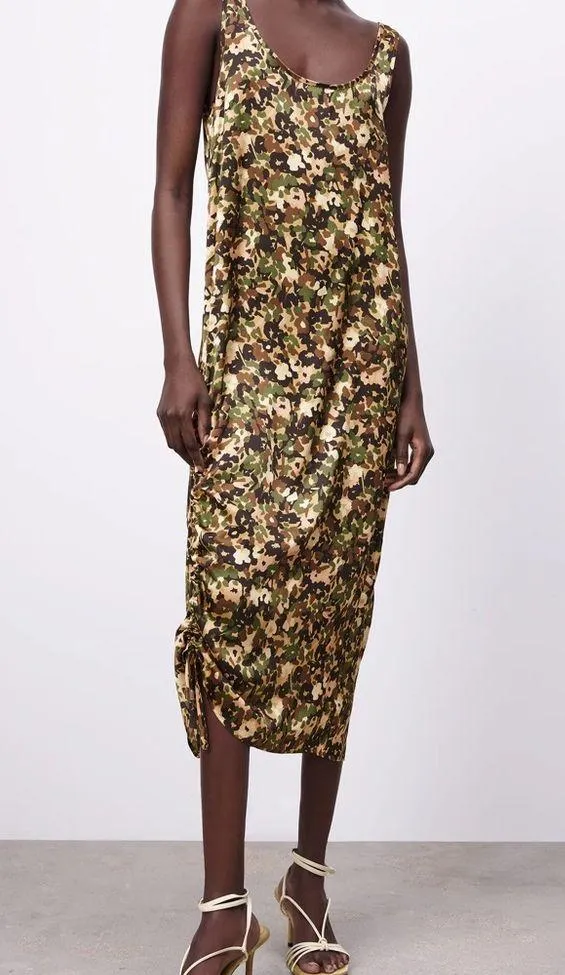 Zara CAMOUFLAGE PRINTED FLOWING MIDI SATIN DRESS w/Drawstring Size S NEW - Image 7