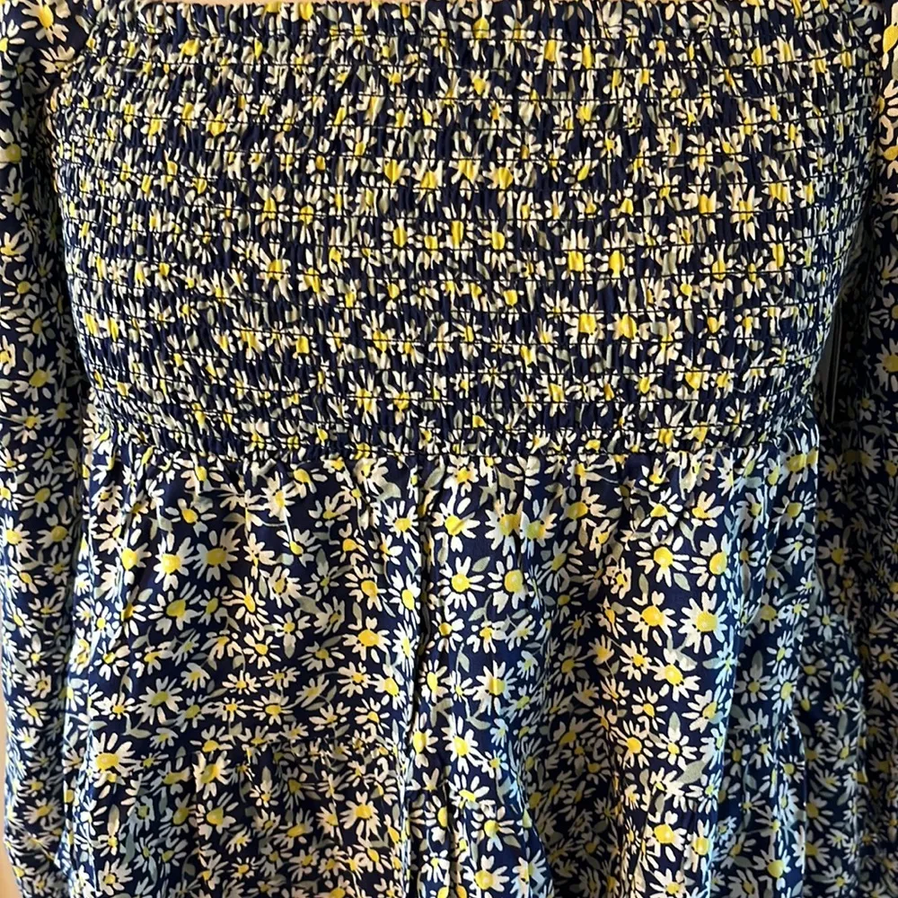 Planet Gold Midnight Blue Floral Long Sleeve Smocked Tiered Peplum Top Womens S - Image 10