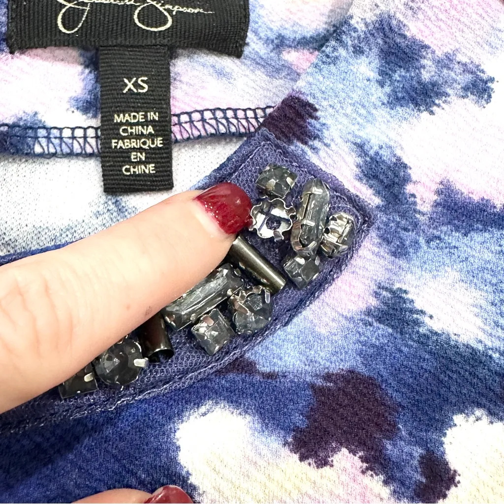 Jessica Simpson Purple Blue Floral Dress w. Rhinestone Neckline Embellishment - Image 5