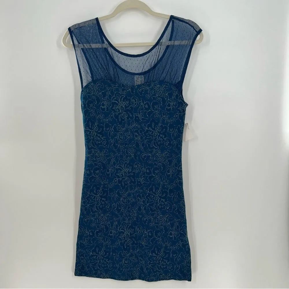 Free People Mini Dress in Blue w/Gold Metallic Floral Pattern Net @Neckline-Sz M - Image 3