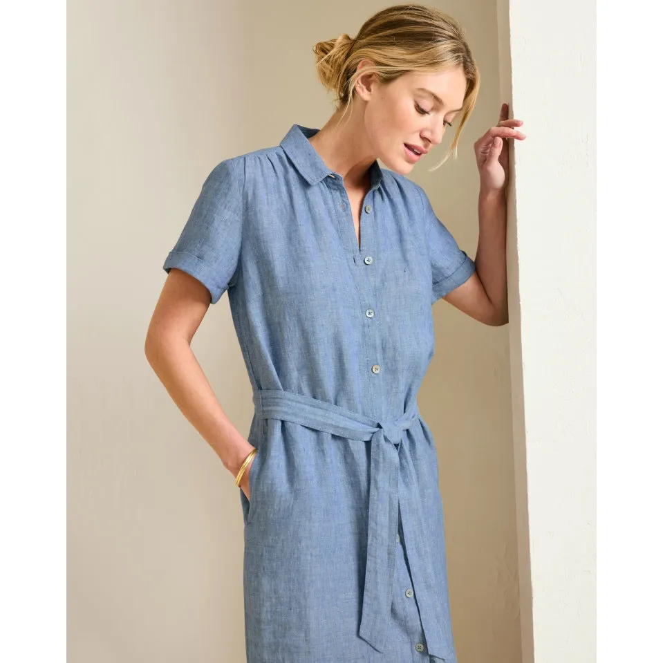 Garnet Hill Darcy Linen Shirtdress Chambray Denim Sky Blue Tie Waist 12 Dress - Image 9