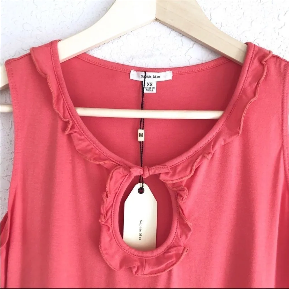 SOPHIE MAX Coral Pink Tank‎ Top Ruffle Sleeveless Stretch Keyhole Summer XS New - Image 5