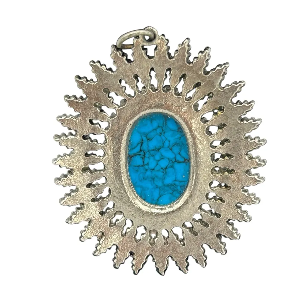 Vintage Turquoise Sunburst Pendant Boho Southwestern Statement Blue - Image 9