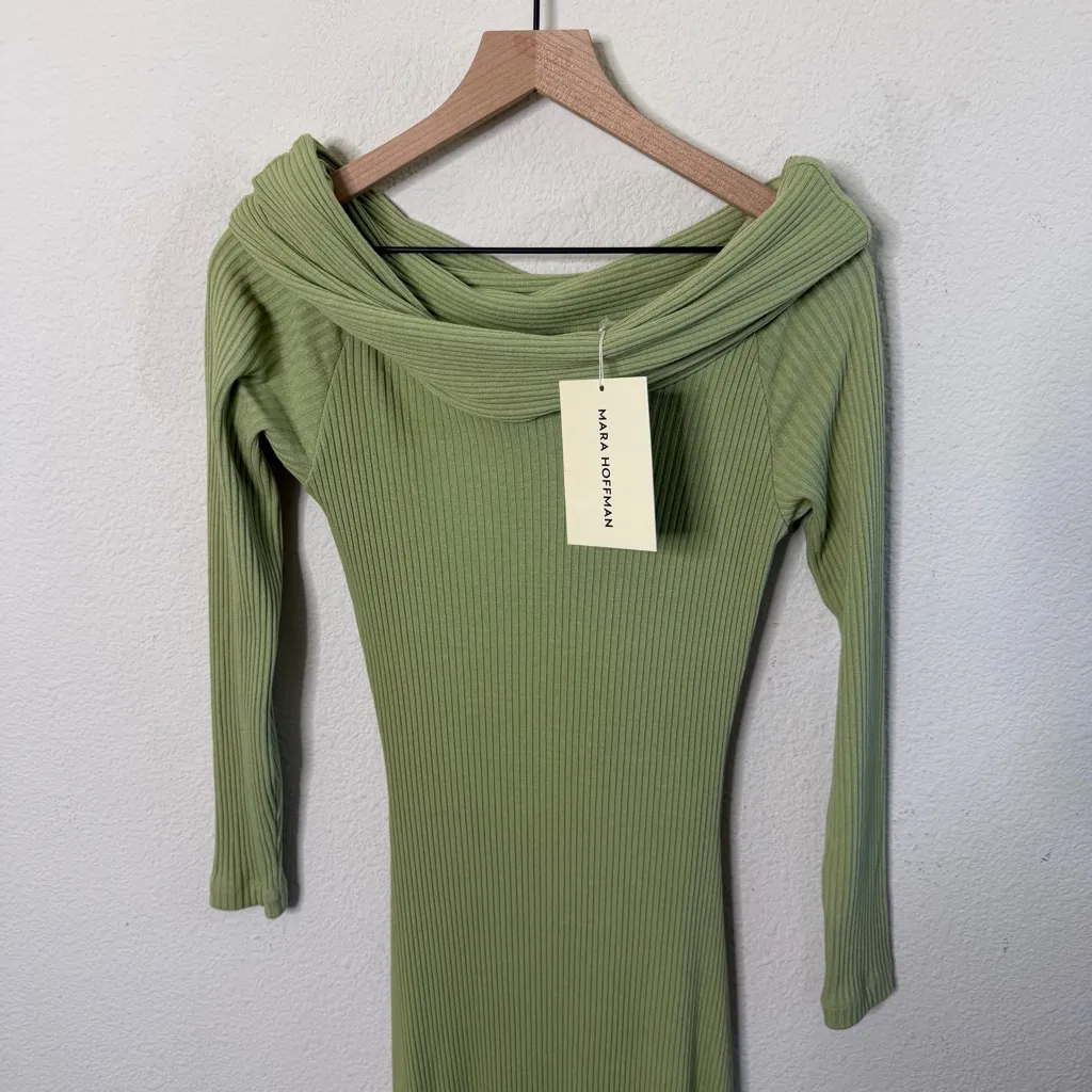 NWT Mara Hoffman Emery Sweater Dress Green Rib Knit Off Shoulder Midi Size XS - Image 11